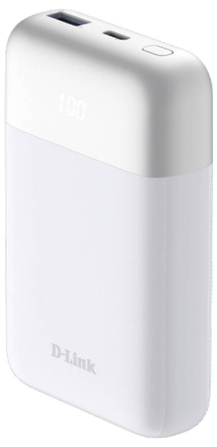 A white and gray D-Link portable power bank with a USB port and display showing battery percentage.