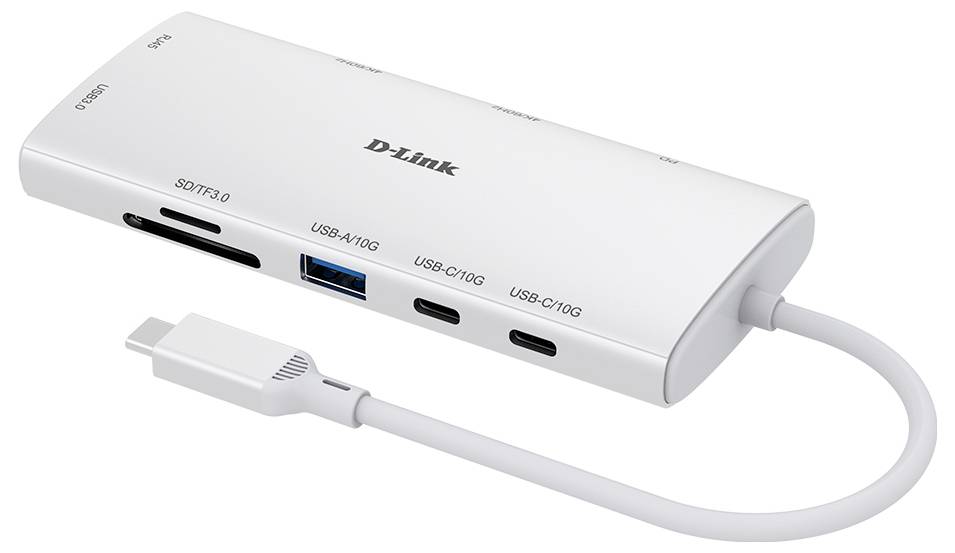 A white D-Link USB-C hub with multiple ports including USB-A, USB-C, HDMI, and SD card slots, showcasing connectivity options.