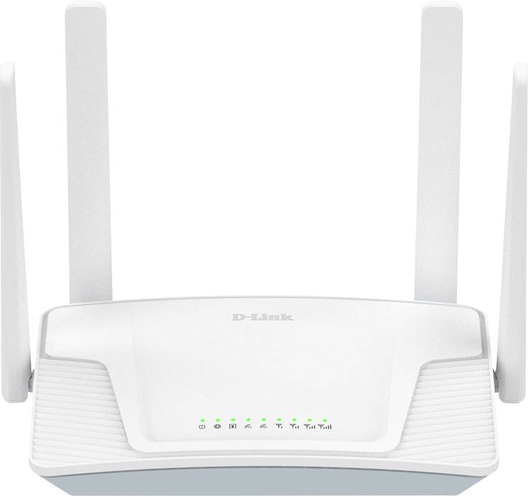 A white D-Link Wi-Fi router with four antennas facing upward. The front panel shows indicator lights for power and connections.