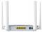 A white wireless router with four upright antennas and four yellow LAN ports on the back, accompanied by power and reset buttons.