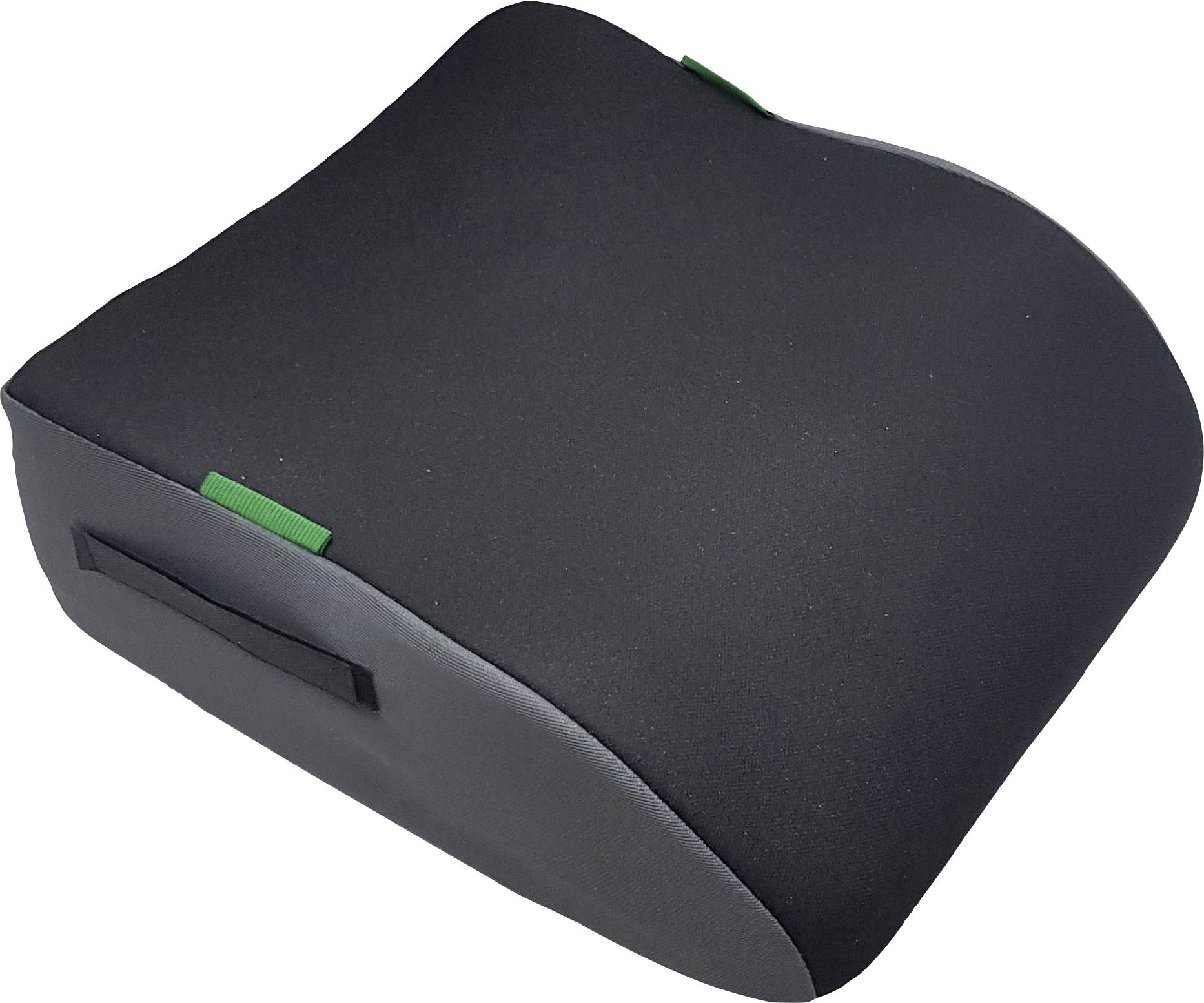 A black memory foam seat cushion with gray sides and a green handle, designed for ergonomic seating support.