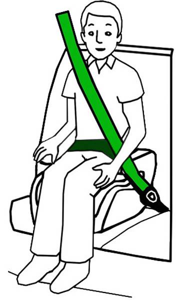 A person seated in a chair wearing a green seatbelt, demonstrating proper seatbelt use for safety.