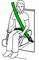 A person seated in a chair wearing a green seatbelt, demonstrating proper seatbelt use for safety.