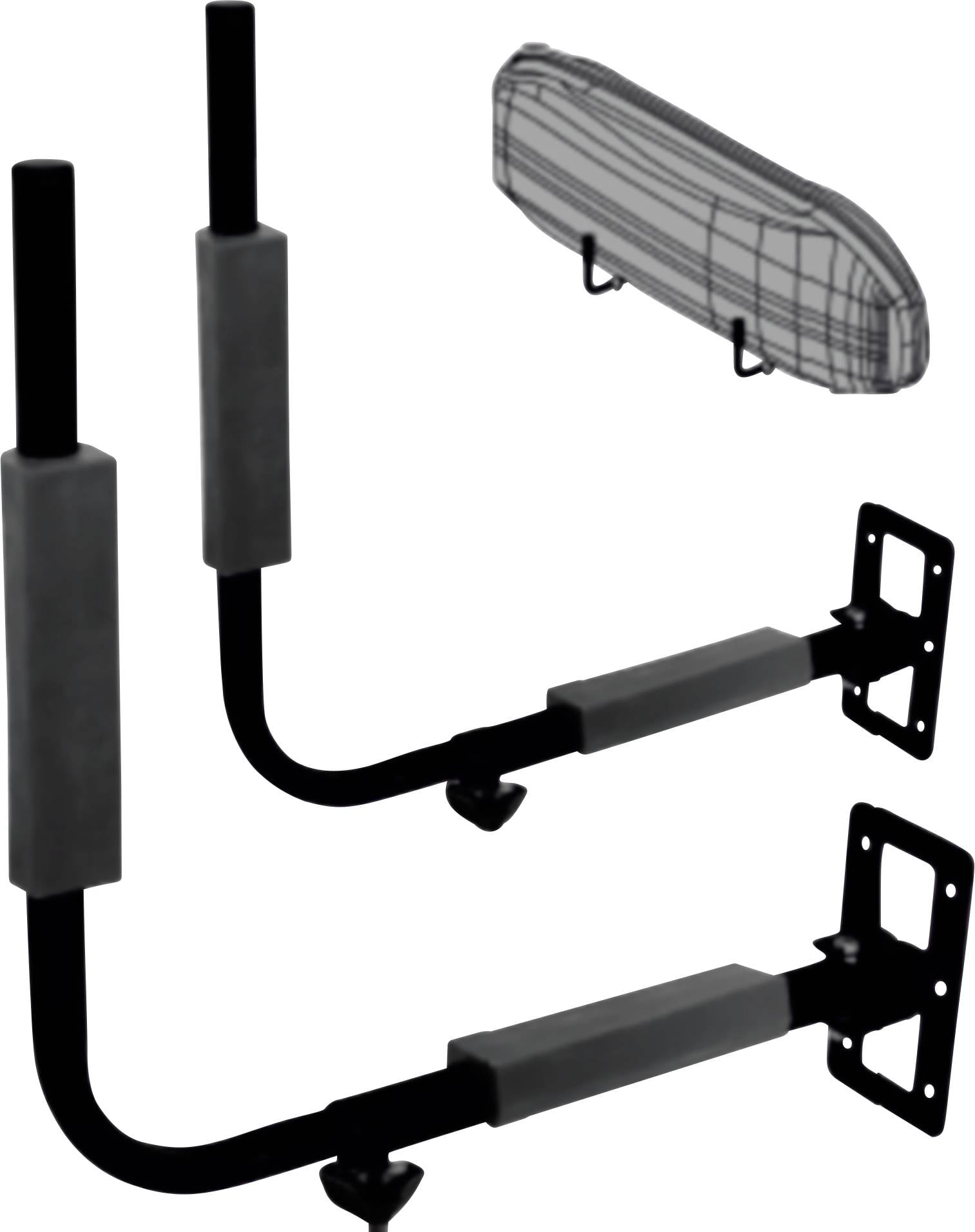 'T-shaped kayak carrier with padded bars and a plaid-patterned protective cover, designed for mounting on a vehicle roof rack.'