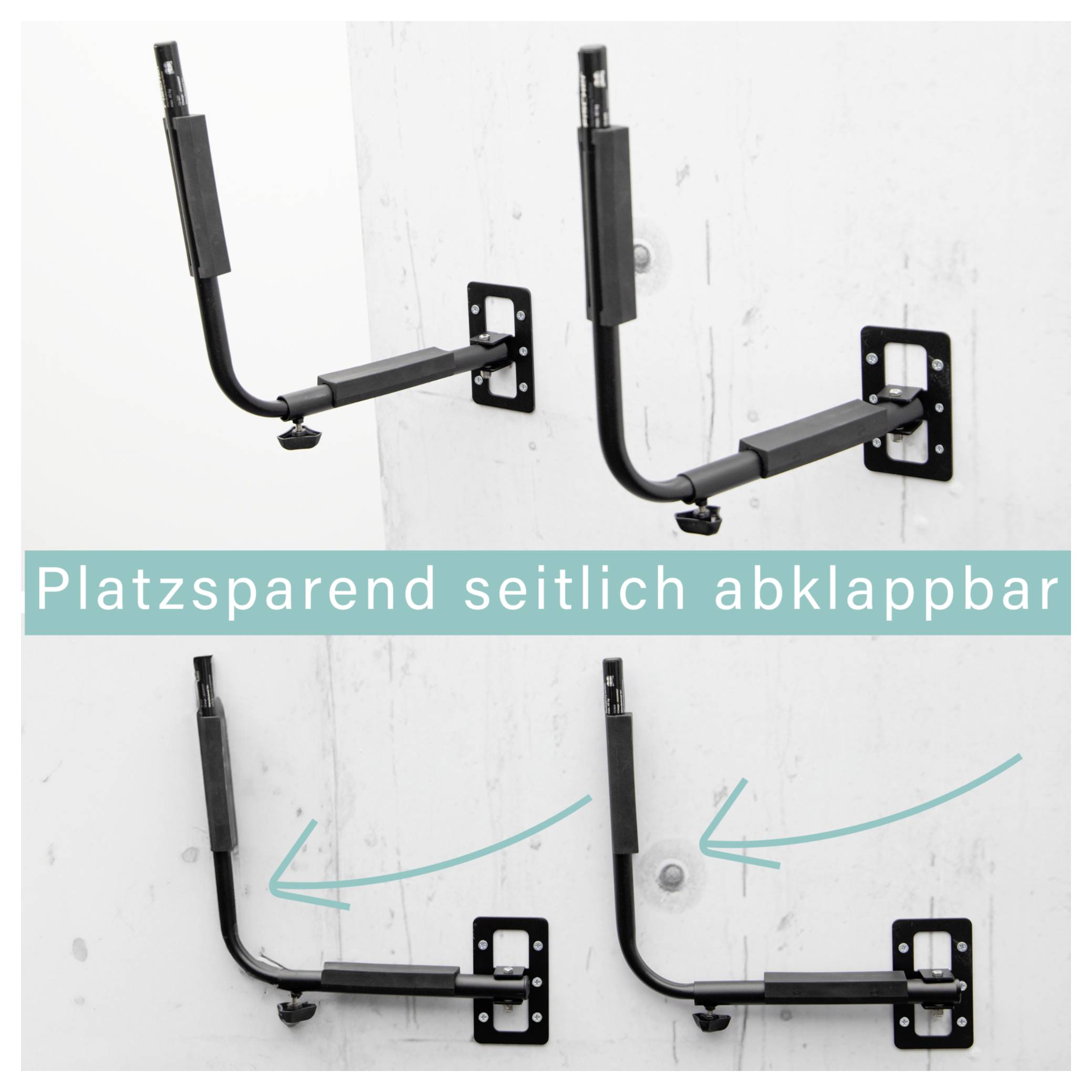 Laterally foldable wall bracket for space-saving storage, with two states: unfolded and folded.