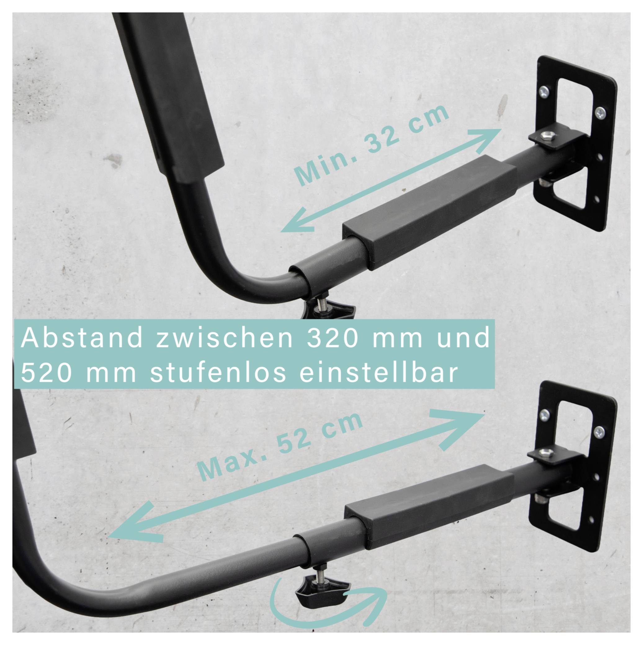 Adjustable bracket with spacing from 320 to 520 mm; labelling 'Min. 32 cm' and 'Max. 52 cm' indicates stepless length adjustment.
