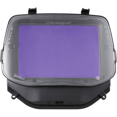 A welding helmet face shield with a large, tinted purple viewing area, designed for eye and face protection during welding tasks.
