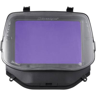 A dark welding helmet face shield with an automatic darkening screen, designed to protect the user's eyes and face during welding.