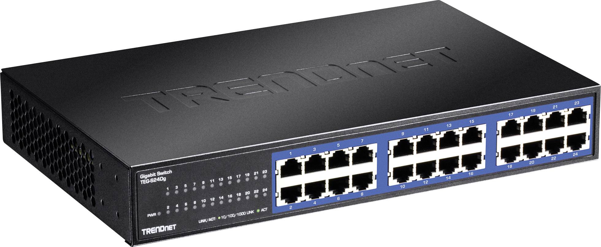 A black TRENDnet network switch with 16 Ethernet ports, labeled 'Web Smart Switch TEG-1612T', used for connecting network devices.