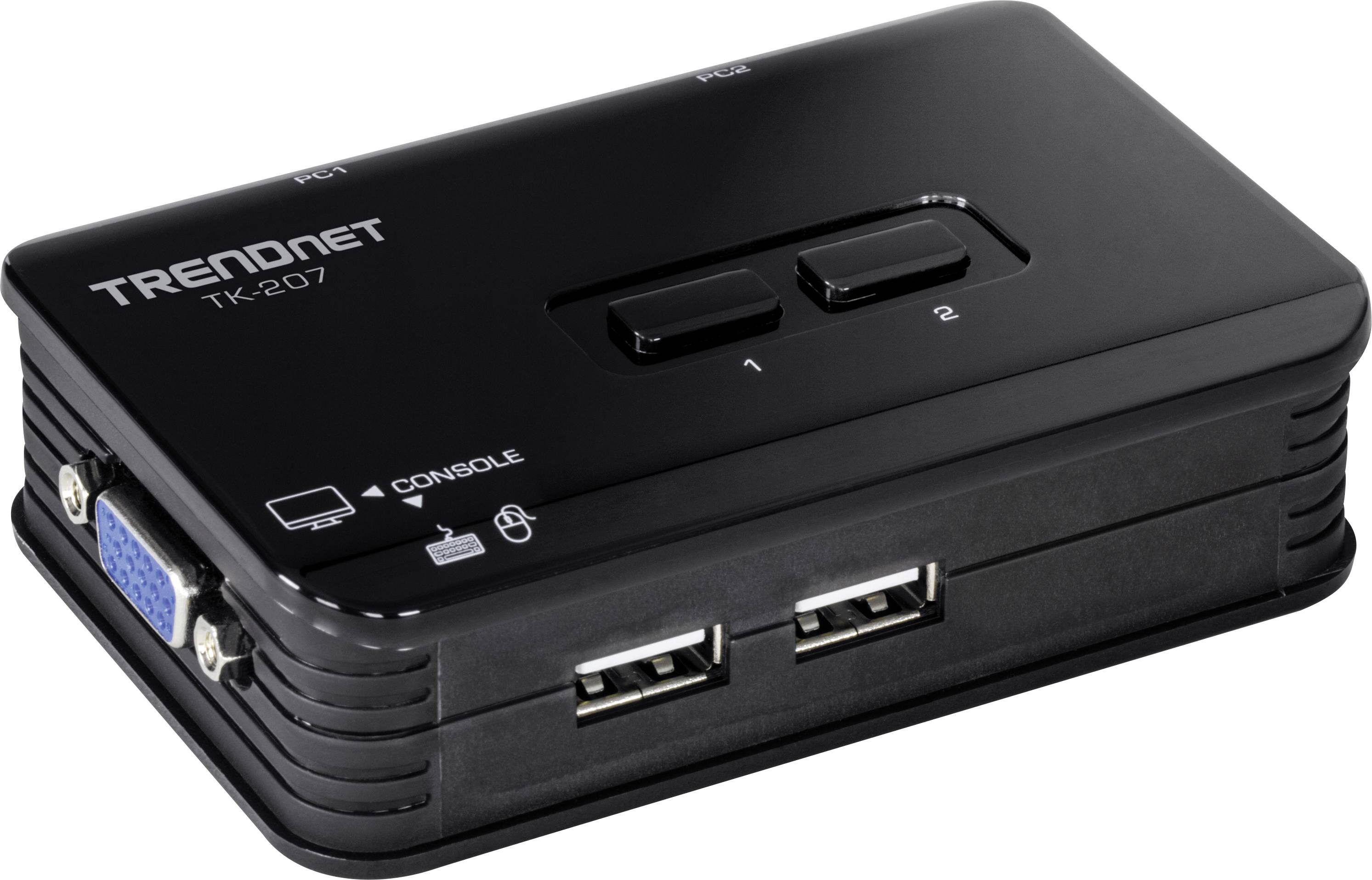 A black TRENDnet TK-207 KVM switch with VGA and two USB ports for connecting peripherals to multiple computers.