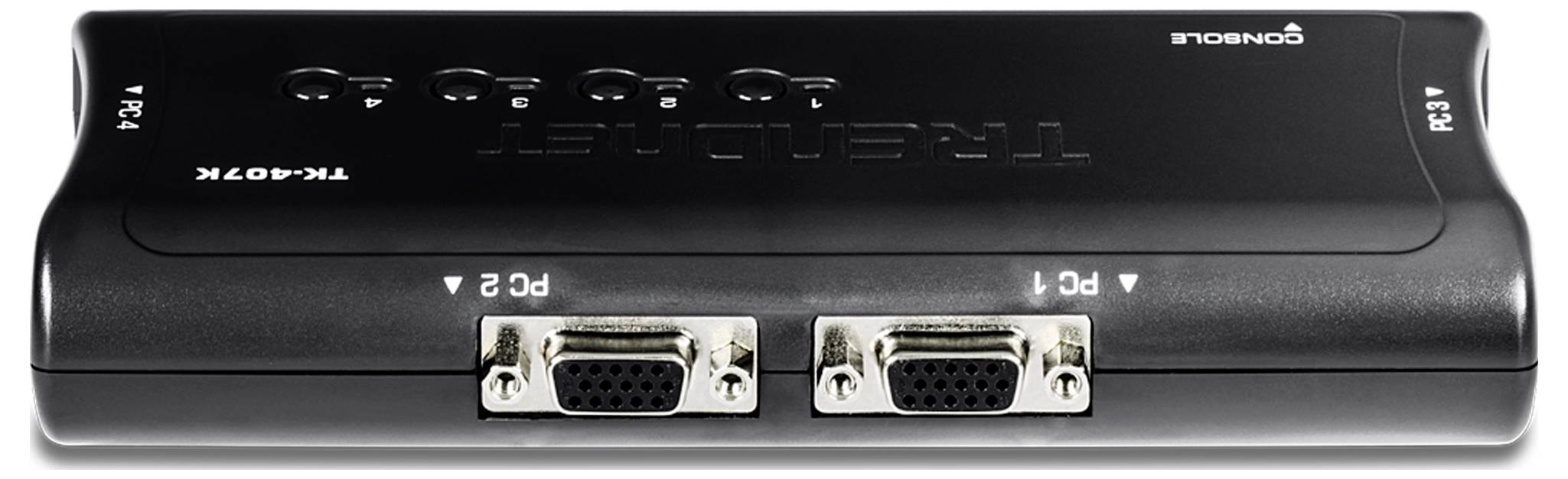 A black TRENDnet KVM switch with two VGA ports labeled 'PC 1' and 'PC 2', and indicator lights above each label.