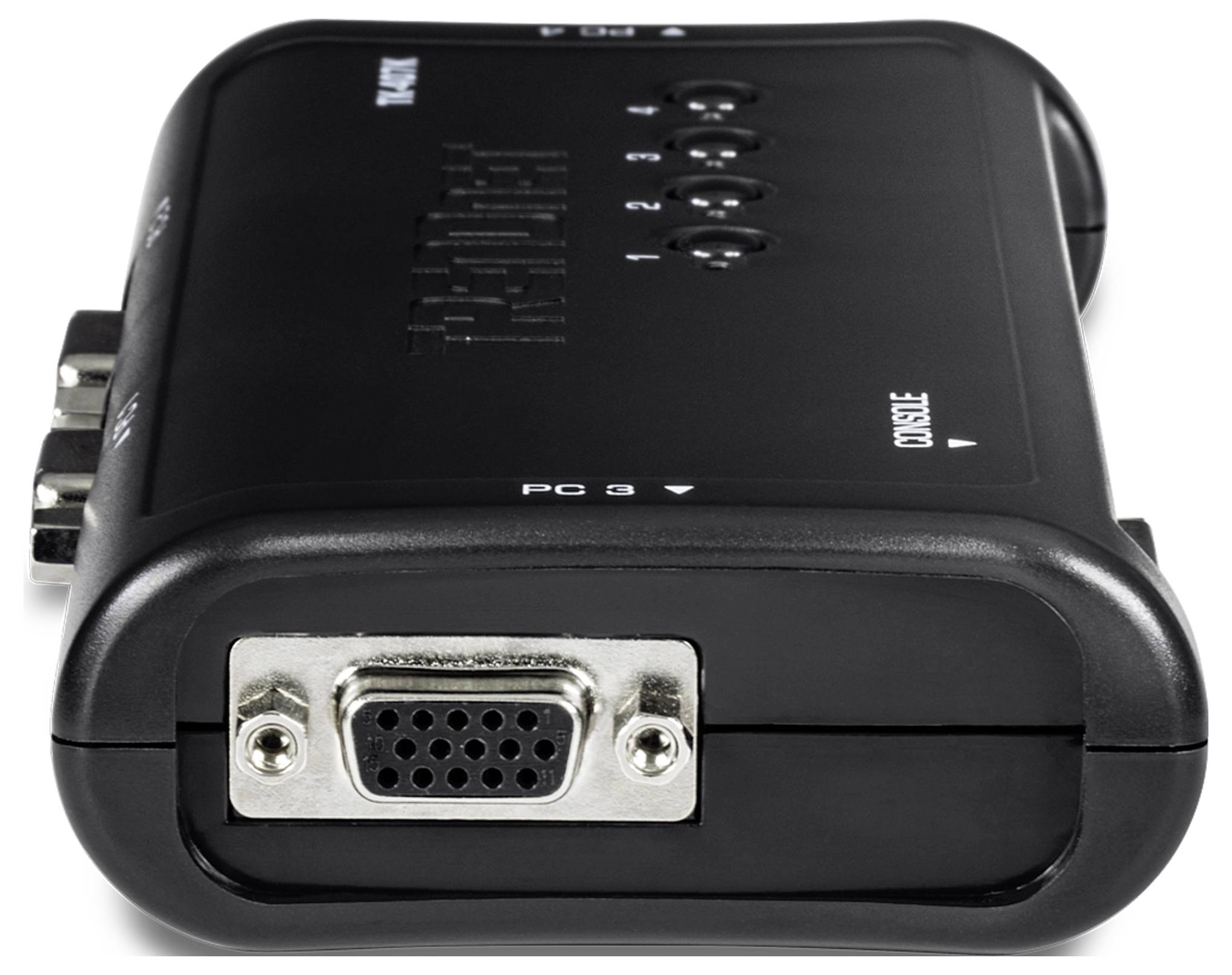 KVM switch with four port indicators and a VGA connector for connecting multiple computers to one set of peripherals.