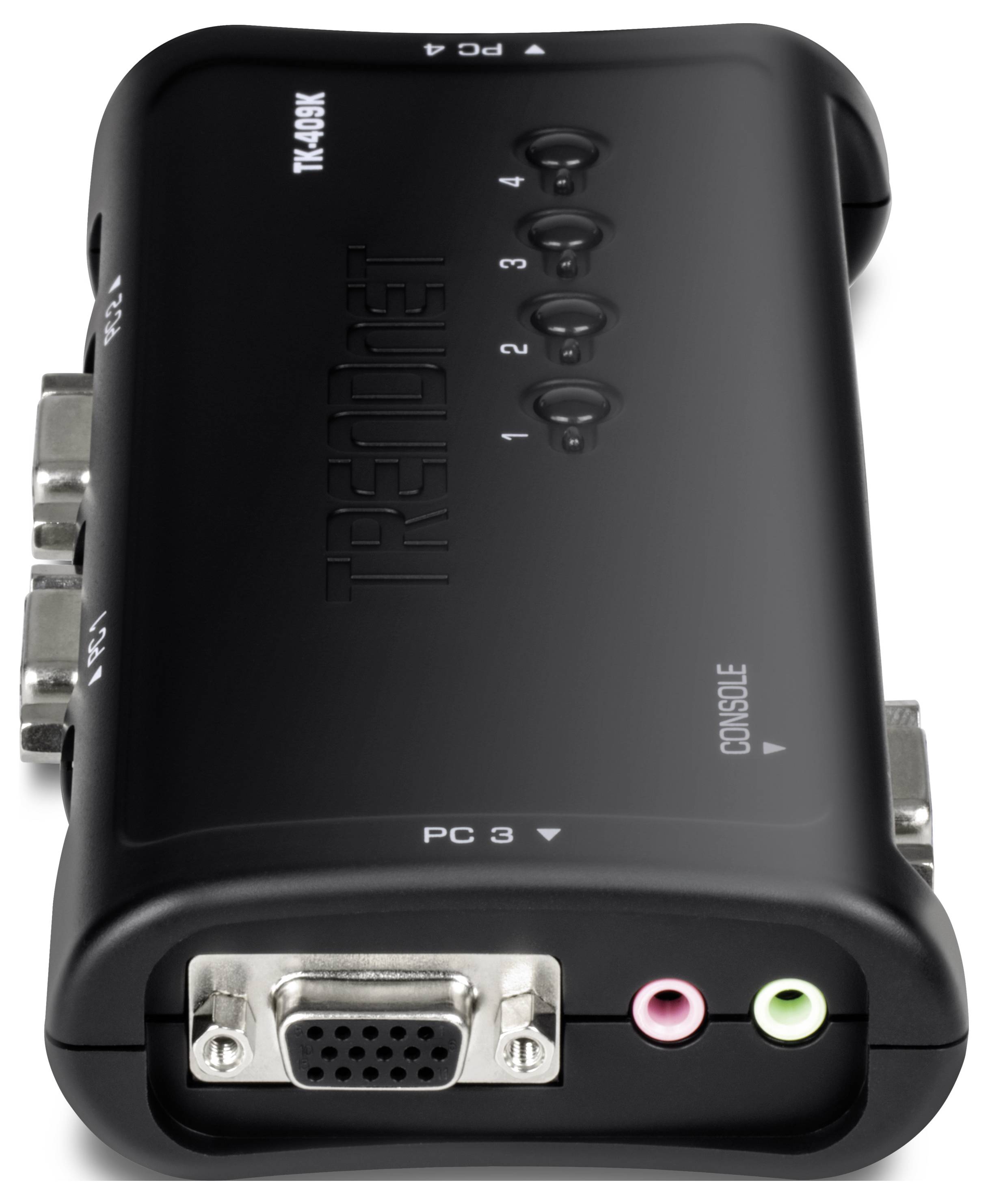 A black KVM switch with labeled buttons for four computers, a VGA port, and audio jacks, used to control multiple PCs from one console.