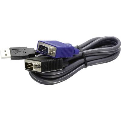 A coiled VGA splitter cable with two VGA connectors and one USB plug, used to connect a computer to multiple displays simultaneously.