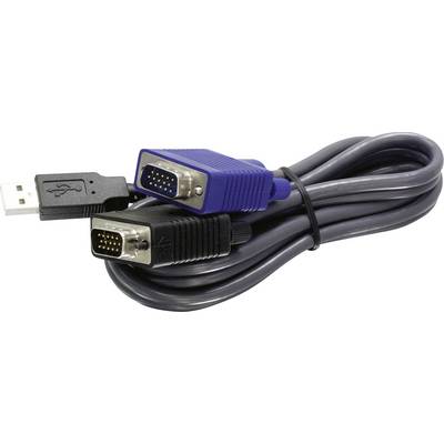 A coiled cable with a USB connector on one end and two VGA connectors on the other, one blue and one black, used for connecting devices.