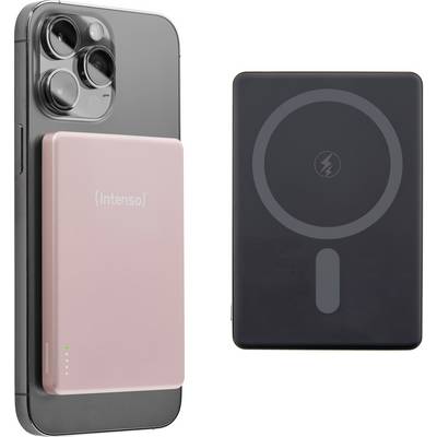 'Intenso' pink portable power bank attached to the back of a smartphone, next to a black charging pad with a wireless charging symbol.