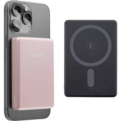 A pink Intenso portable charger and a black wireless charging pad sit next to a modern smartphone, displaying tech accessories.