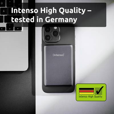 'Intenso High Quality - tested in Germany' text above a smartphone and laptop on a desk. Intenso logo with a check mark in the corner.