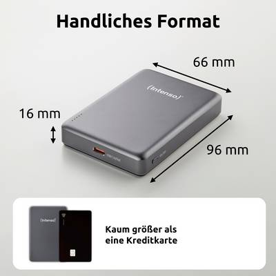 'Handliches Format' describes a compact external device with dimensions 66 mm x 96 mm x 16 mm. Image compares it to credit card size.