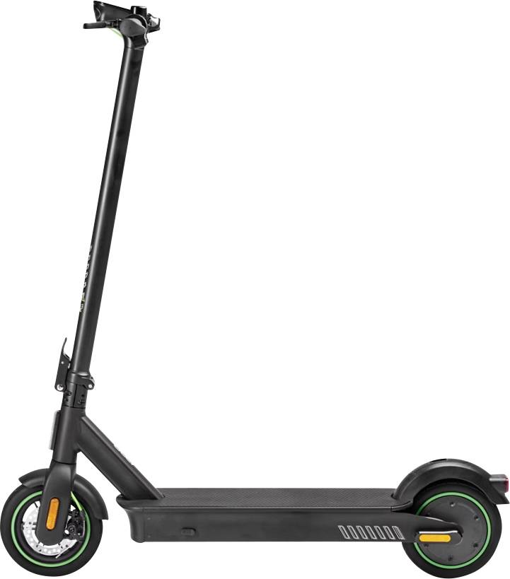 A black electric scooter with green-accented wheels, shown from the side against a white background.