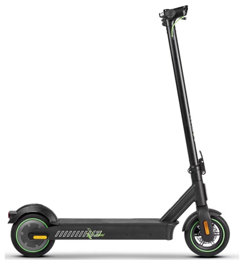 A black electric scooter with green accents stands on two wheels, showing sleek design and sturdy build, side view.