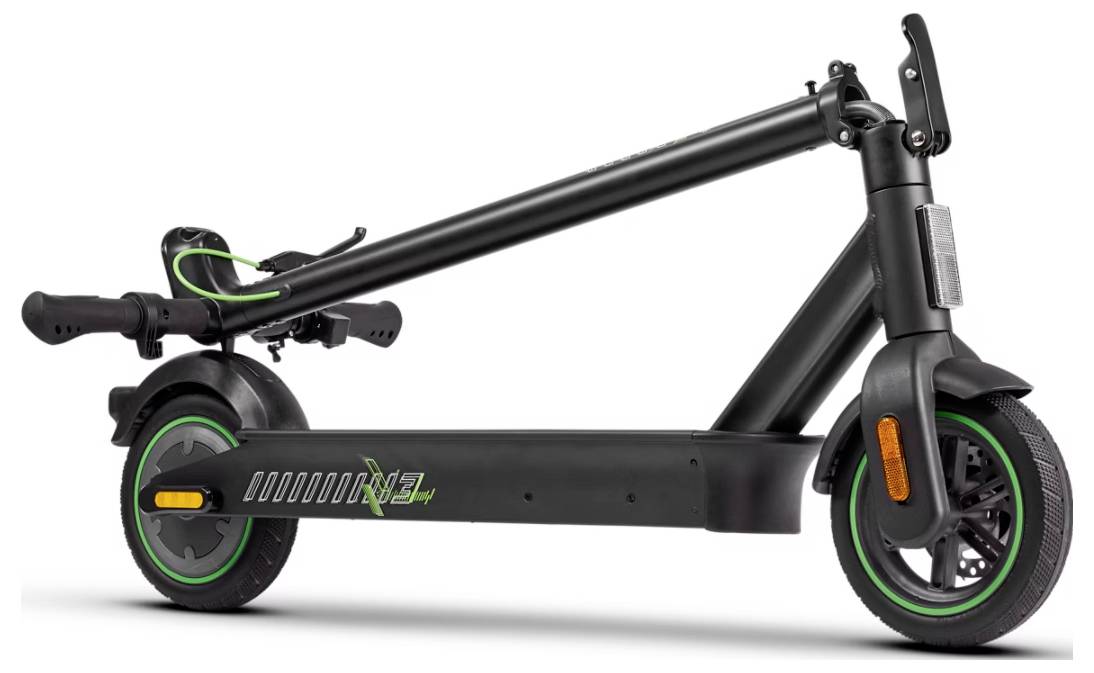 A folded black electric scooter with green accents, showcasing compact design and portability features.