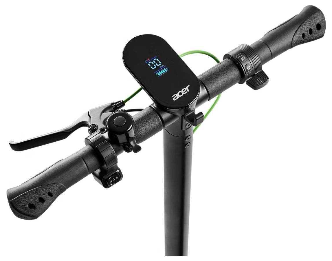Electric scooter handlebars with digital display, brake lever, and accelerator on a black frame. The blue screen shows speed information.