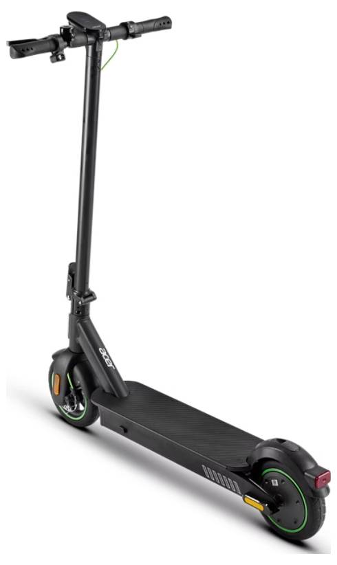 Electric scooter with black frame, green-accented wheels, and rear brake light, shown from a side angle on a white background.