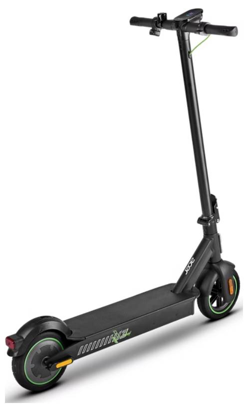 Electric scooter with a sleek black design, green wheel accents, and LED display. Ideal for urban commuting.