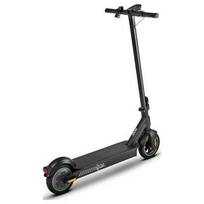Electric scooter with a sleek black design, green wheel accents, and LED display. Ideal for urban commuting.