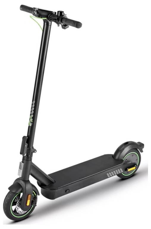 Electric scooter with a black frame, green accents, and a rear fender. Features a narrow base, upright handlebars, and visible wheels.