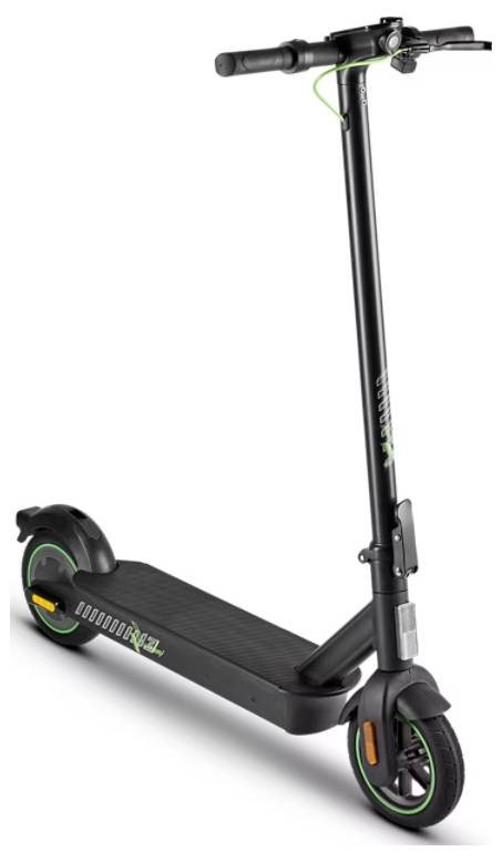Electric scooter with black frame, green accents, and a standing deck. The scooter has a handlebar, two wheels, and a kickstand.