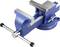A blue metal bench vise with a rotating base and adjustable jaws, used for holding objects securely for work such as sawing or filing.