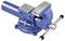 A blue bench vise with a fixed base, two metal jaws for gripping objects, and a handle for adjusting jaw width.