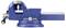 A blue metal bench vise with a rotating base and a handle for tightening, used for holding objects securely during tasks like sawing or drilling.