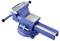 A blue metal bench vise with silver jaws and handle, used for securing objects in woodworking or metalworking tasks.