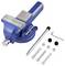 'A blue bench vise with a rotating base and metal jaws, accompanied by bolts, nuts, washers, and an L-shaped hex key for assembly.'