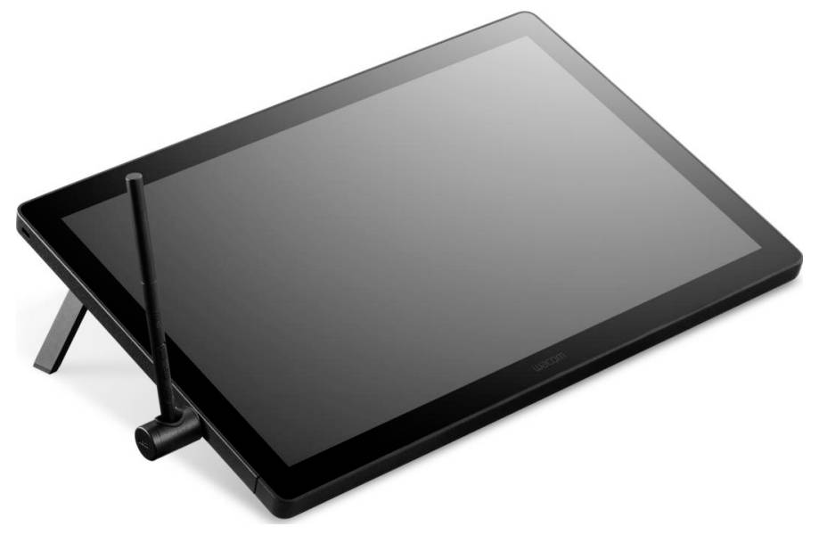 A black drawing tablet with a stand and a stylus positioned on the screen, used for digital art and design work.