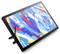 A digital drawing tablet with a stylus resting on its holder, displaying vibrant abstract art in blue, yellow, and red swirls.