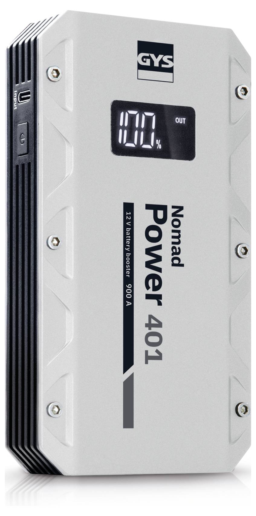 A portable car battery booster with a digital display showing '100%'. The device is labeled 'Nomad Power 401'.