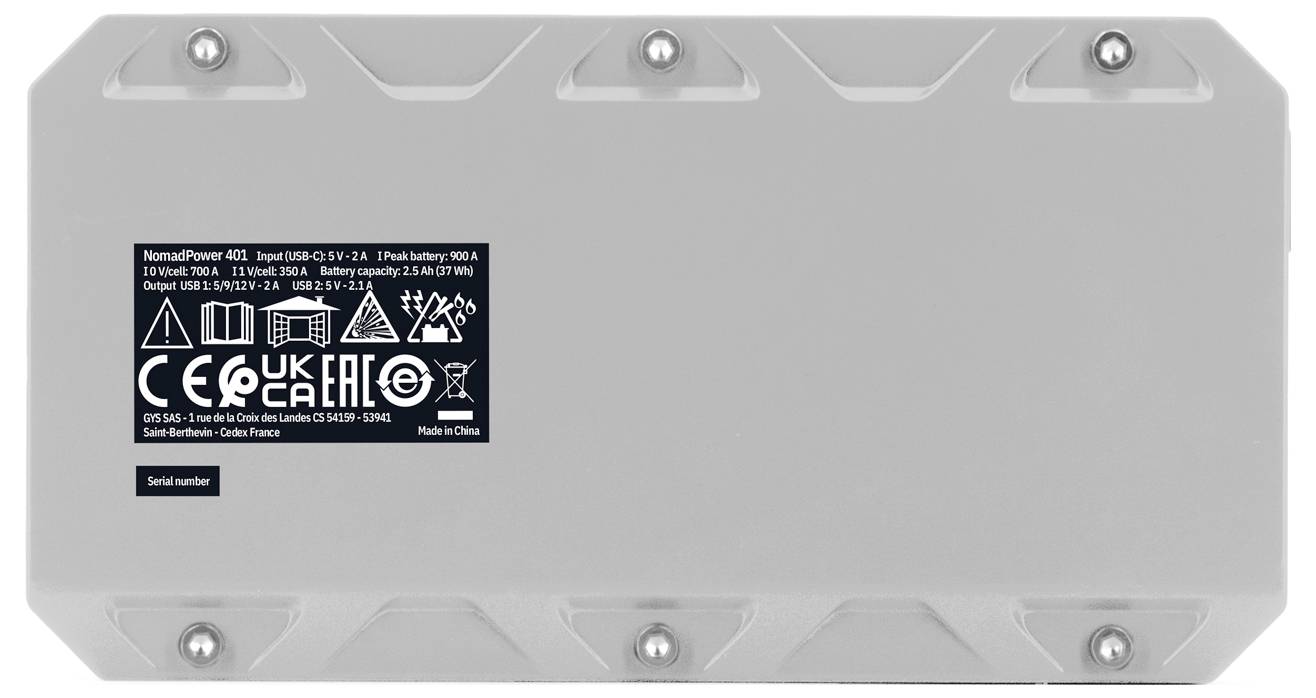 A close-up of a device label showing safety symbols, power input/output details, certification marks, and a serial number section.
