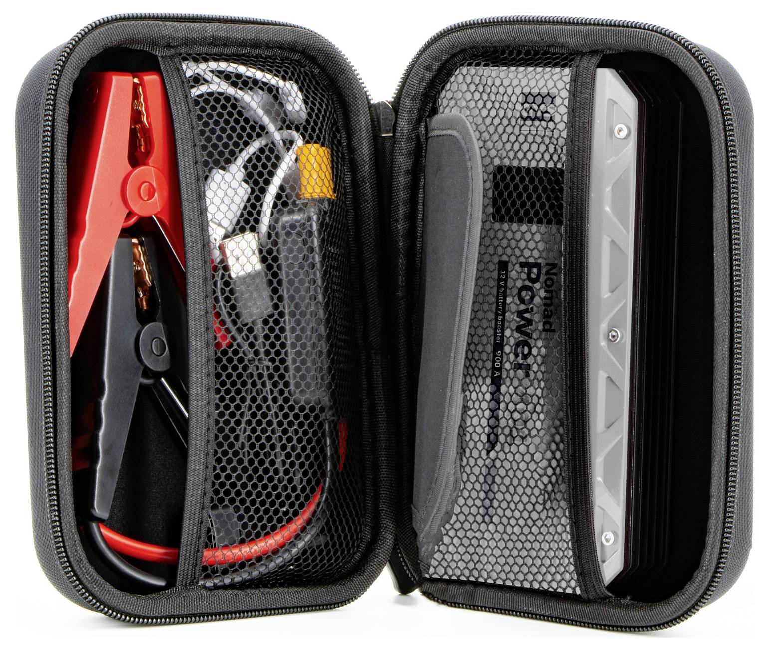 A compact portable jump starter kit opened to show jumper cables, various charging cables, and a power bank inside a zipped carrying case.