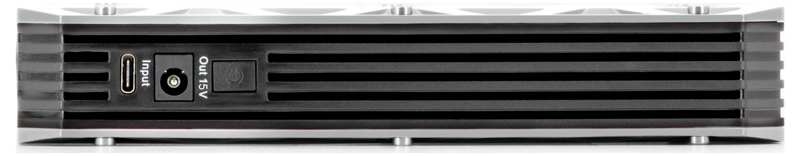 Rear view of an electronic device featuring a USB-C port, power input, and 'DC IN 15V' label, with a vented design for cooling.