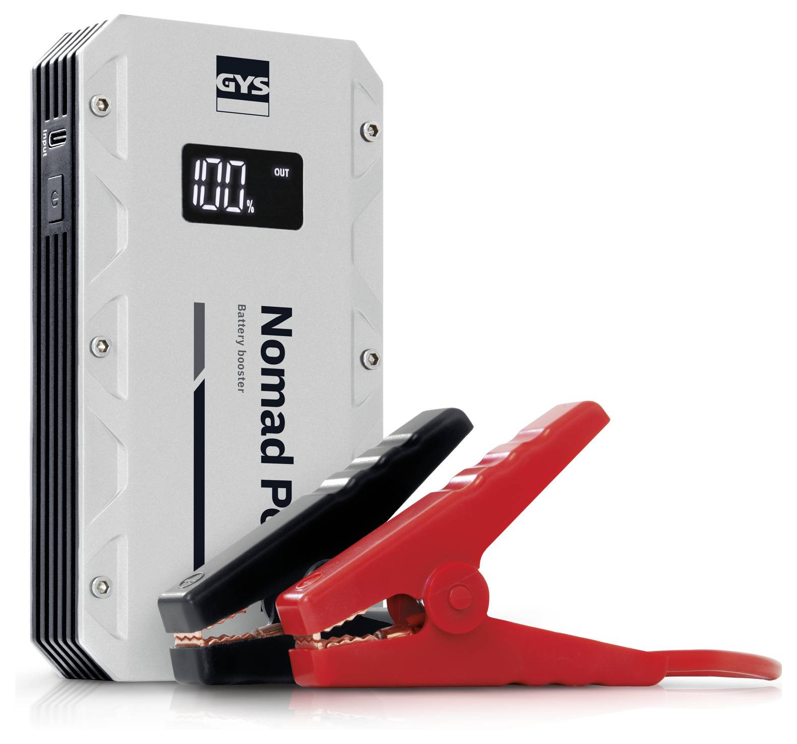 A portable battery booster labeled 'Nomad Power' with attached red and black jumper cables and an LED display showing '100%'.