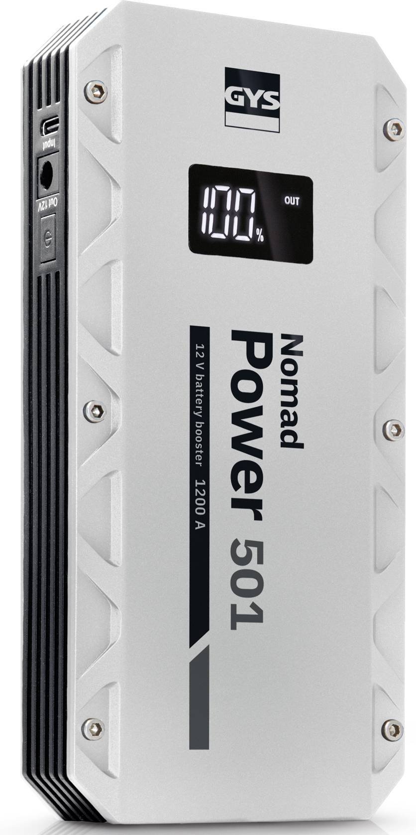 A portable jump starter labeled 'Nomad Power 501' with a digital screen showing '100%'. It features a sleek, silver design.