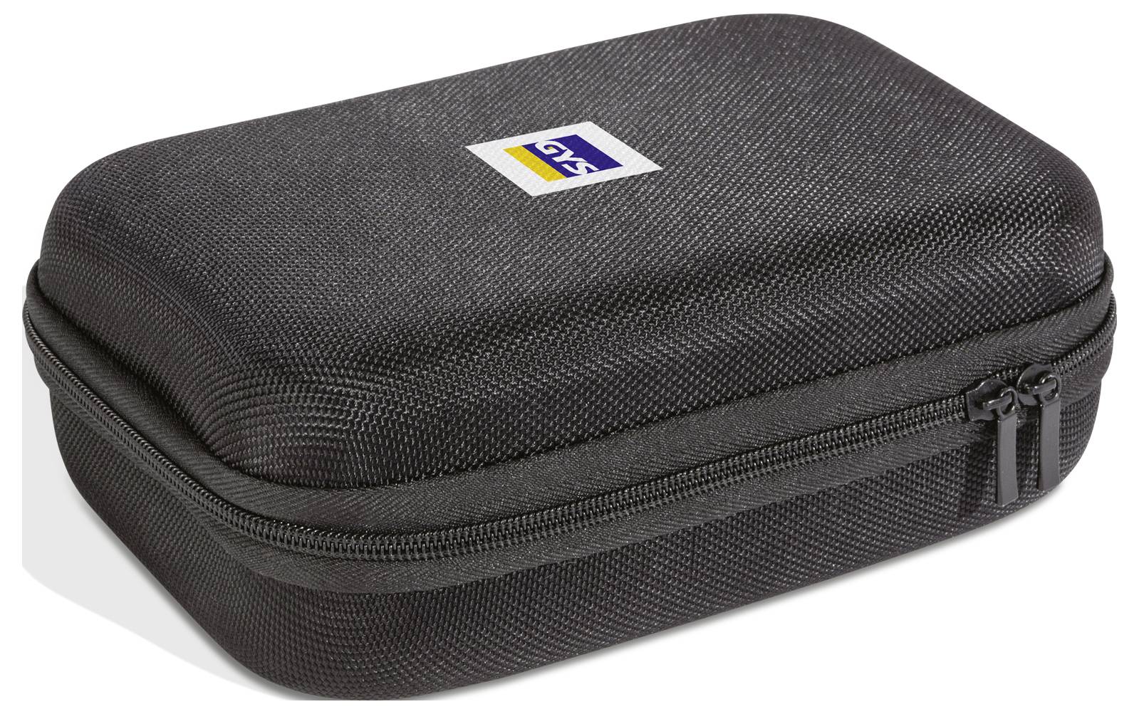 A black hard shell zippered case with a small rectangular logo on top. The surface is textured, indicating a durable material.