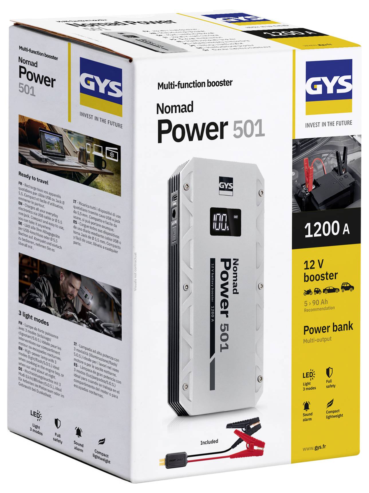 'Nomad Power 501' multi-function booster packaging shows product image, specs including 1200A, 12V booster, 5-90Ah, and power bank features.