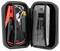 A black zippered carrying case is open, displaying a portable jump starter kit including red and black clamps, cables, and a power bank.