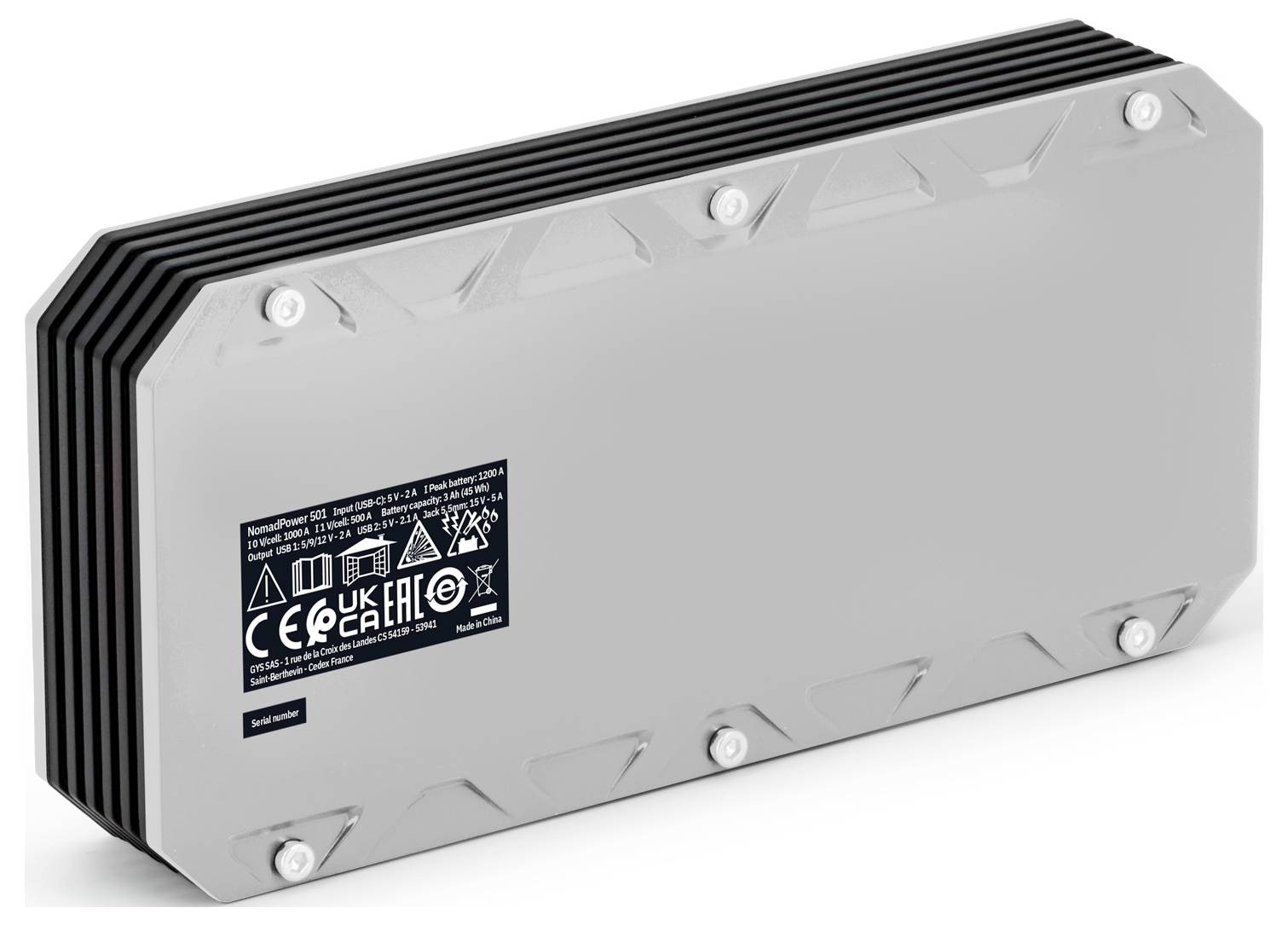 A rectangular industrial device with screw fittings and a label displaying safety certifications and compliance symbols, set against a plain background.