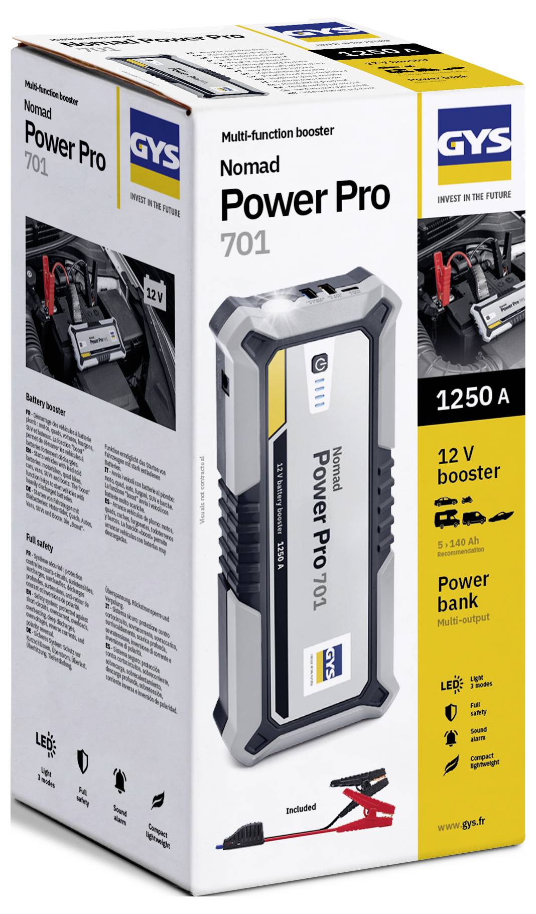 'GYS Nomad Power Pro 701' multifunction booster box. Features: 1250A, 12V booster, 5400 mAh power bank. Includes clamps.